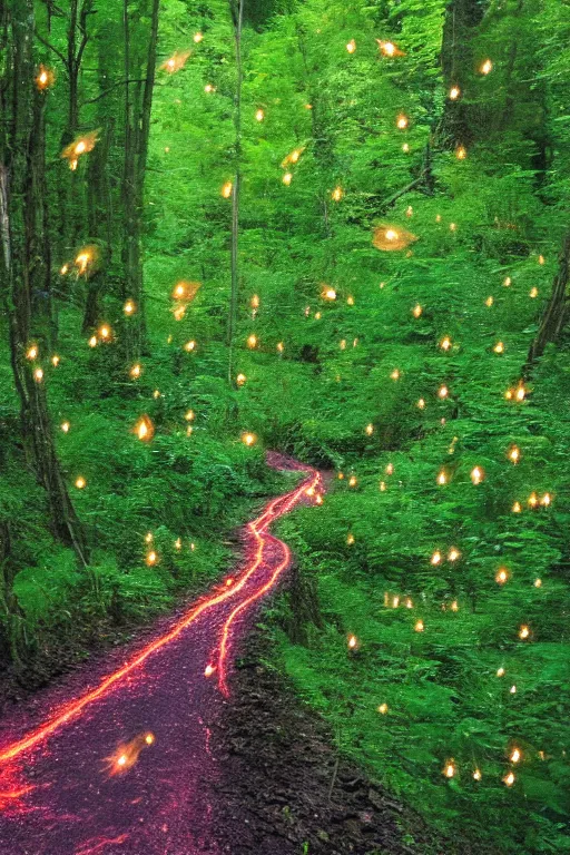 Prompt: as I approached my final destination, like streaks of plasma fireflies burst from the cave mouth filling the lush valley with fireflies