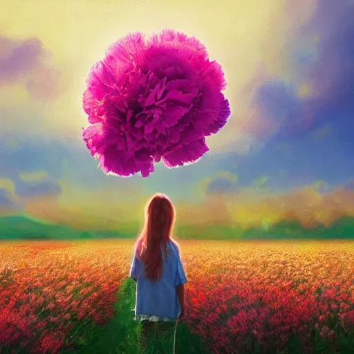 Image similar to giant carnation flower head, girl in a flower field, surreal photography, sunrise dramatic light, impressionist painting, colorful clouds, digital painting, artstation, simon stalenhag, flower face