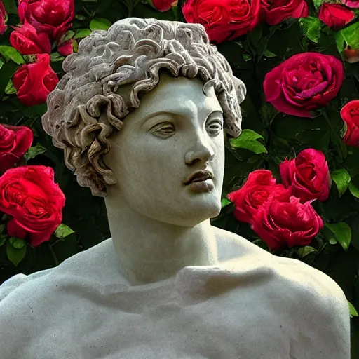 Prompt: portrait of a greek statue buried among the roses in roses, by julia pott