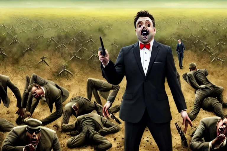 Image similar to one Comedian in suit and tie performing in a battle-field with dead bodies on the ground, detailed face, comedian is funny, performing to dead soldiers, nuclear bomb in far horizon, apocalypse, trending on artstation, artstationHD, hyperdetailed matte painting, highly detailed, digital painting, hyper-realistic, realistic, photo-realistic