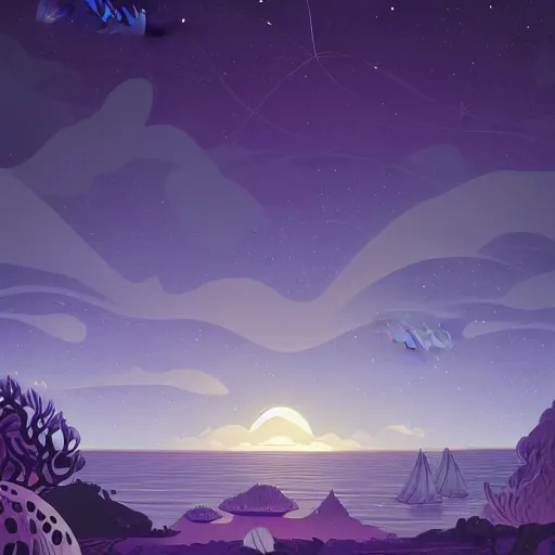 Image similar to sea under starry sky with reefs, light purple tones, animated film, stylised, illustration,, fantasy art, 2 d game art, by eyvind earle, scott wills, genndy tartakovski, roman shipunov, etienne hebinger, atey ghailan, cgsociety, cynical realism