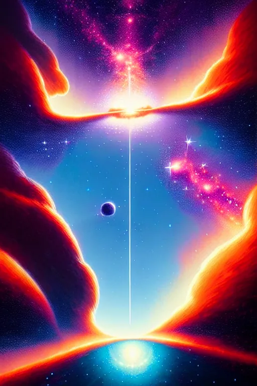 Image similar to celestial collision, birth of a star by christopher balaskas and john harris and dan mumford, hyperrealistic, high detail, ultra detailed, space, nebula, sharp focus, stellar formation, astronomy, science
