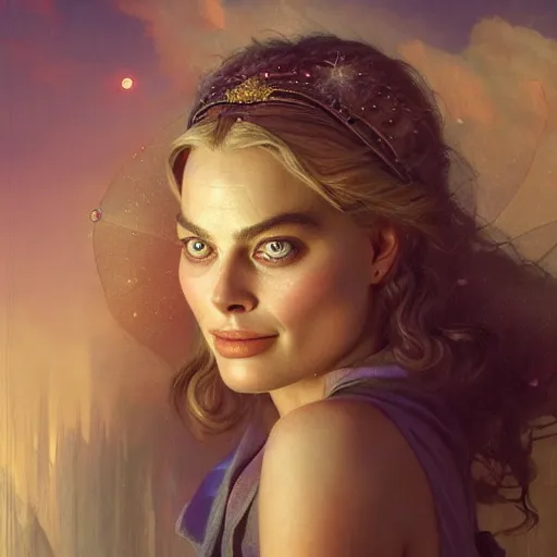 Image similar to Magic portrait painting of Margot Robbie, fantasy city background, dramatic sky, light particles, drawn by Donato Giancola and Tom Bagshaw, Edmund Leighton, Alphonse Mucha, 4k, volumetric lighting, komorebi, award winning, octane render, hyperrealistic