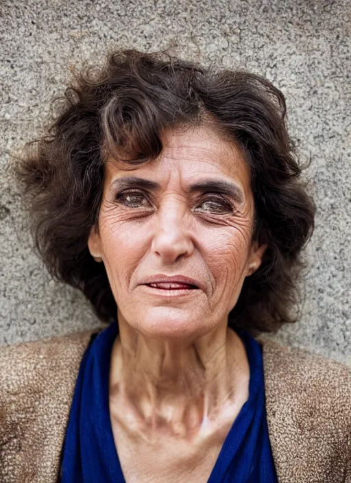 Prompt: portrait of beautiful Spanish 50-year-old well-groomed woman model, with lovely look, happy, candid street portrait in the style of Martin Schoeller award winning, Sony a7R