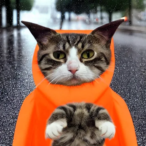 Prompt: a crying cat in the middle of a wet street while wearing a funny carrot costume, android photograph, meme picture