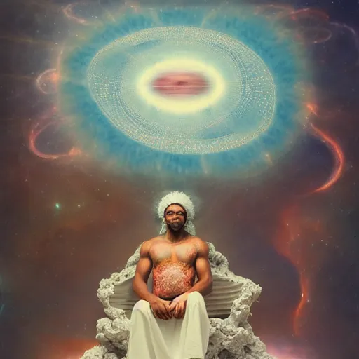 Image similar to obatala the cosmic god sitting on a throne of nebula clouds, by Agostino Arrivabene and amanda sage, matte painting, orisha, surreal portrait, 8k, hd