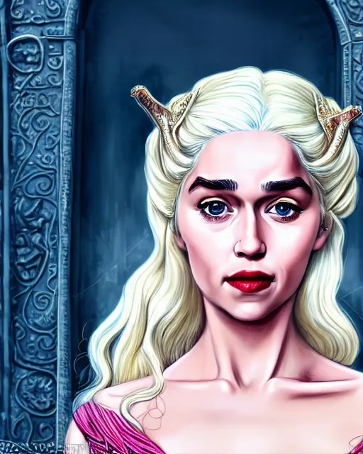 Image similar to closeup portrait happy beautiful daenerys targaryen with long blonde windblown hair in an ornate royal dress, standing on a street in chinatown, pink lipstick, glamour pose, detailed illustration, digital art, trending on artstation, arney freytag, frank miller, moebius, graffiti, gta v,