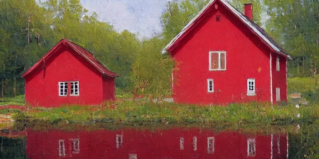 Prompt: a swedish red cottage in the style of ilya repin