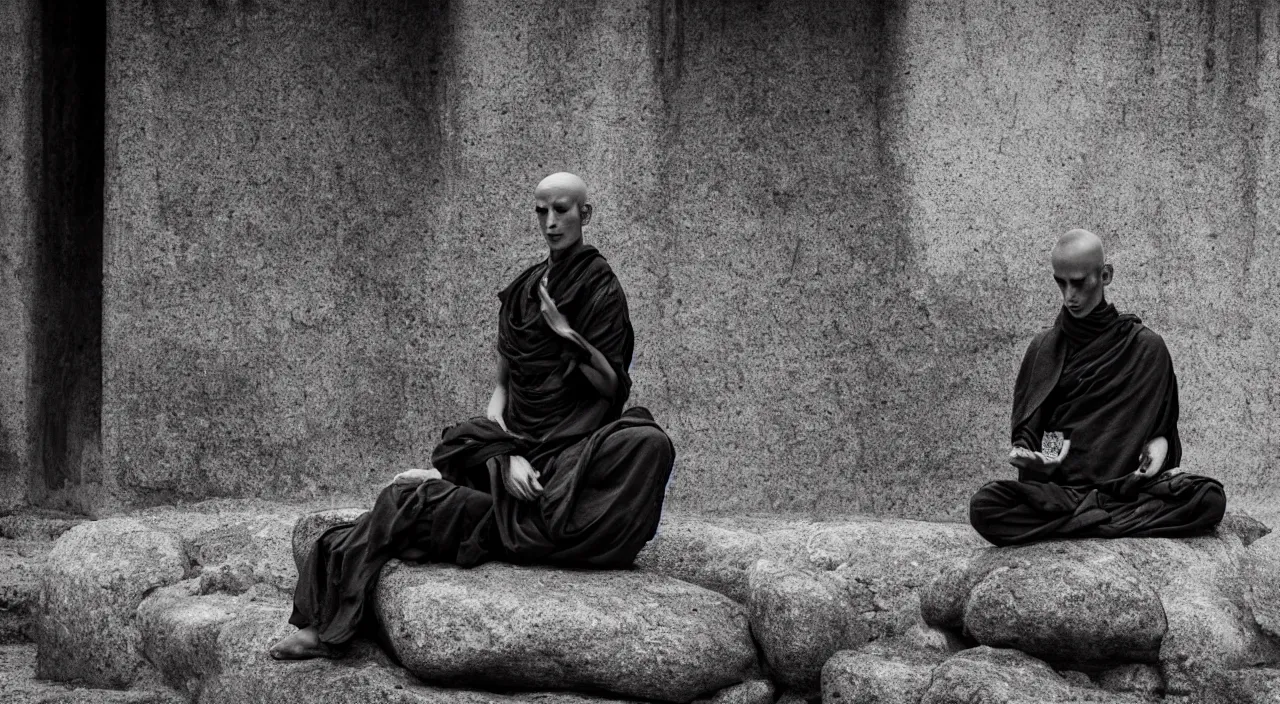 Prompt: a meditating android monk sitting on a stone, cyberpunk style,