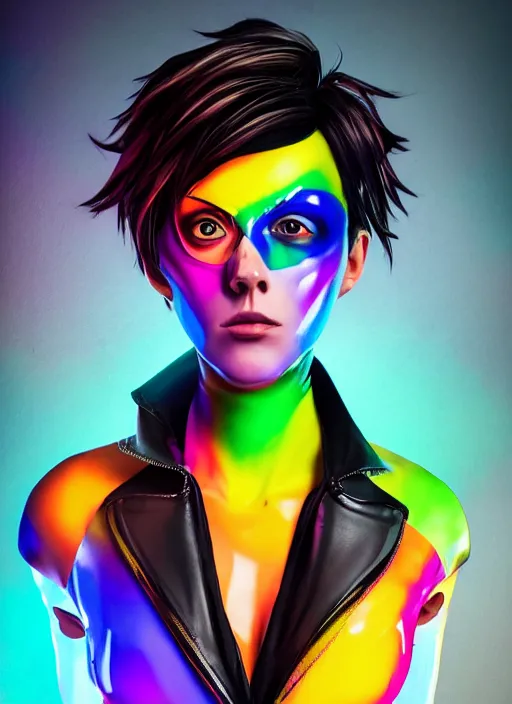 Prompt: full body abstract surreal weird oil painting portrait of tracer overwatch, confident pose, full body, full body, wearing black jagged iridescent rainbow latex armor, rainbow, neon, 4 k, expressive, makeup, wearing large rainbow neon choker, studio lighting, black latex, expressive detailed face and eyes,