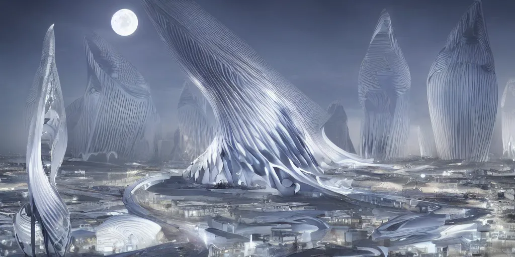 Image similar to fantasy city with moon by zaha Hadid trending on artsation