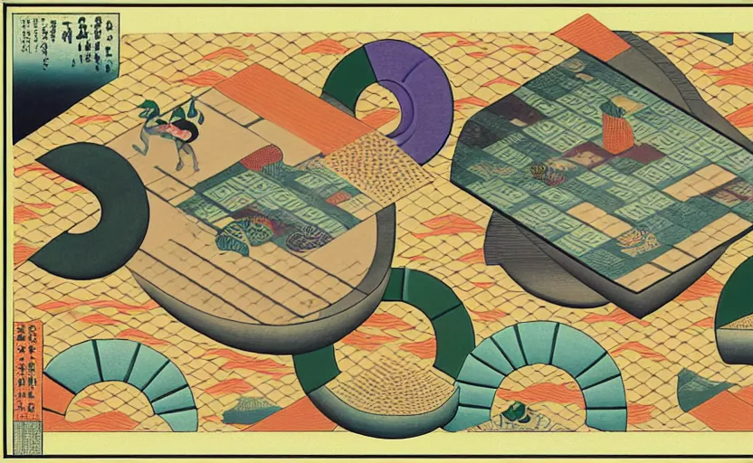 Image similar to 3 d isometric business dashboard with time series charts, pie plots and other modern graphics, with small creatures with many eyes. diego rivera ( in modern ukiyo - e style, mexican muralism ). ravi supa.