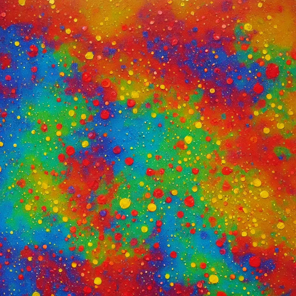 Image similar to large different coloured dots painted in 2 inch thick!!! impasto shiny dripping oil paint