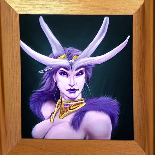 Prompt: female draenei barbarian with antlers, wearing furs painting