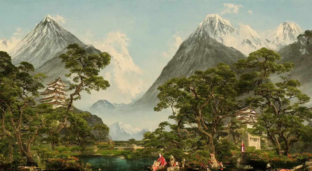 Prompt: a painting of a Japanese castle, with a garden as foreground, with mountains as background, by Thomas Cole