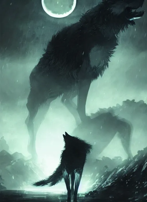 Prompt: Giant wolf with glowing eyes near small village, raining, full moon. In style of Yoji Shinkawa and Hyung-tae Kim, trending on ArtStation, dark fantasy, great composition, concept art, highly detailed, dynamic pose.