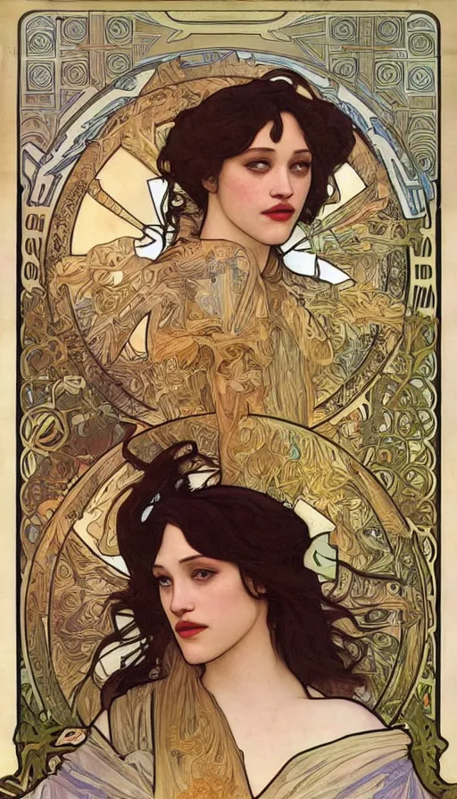 Prompt: Concept Art of cinematography of Terrence Malick film stunning portrait of featuring Kat Dennings as an ancient babylonian priestess, by Alphonse Mucha