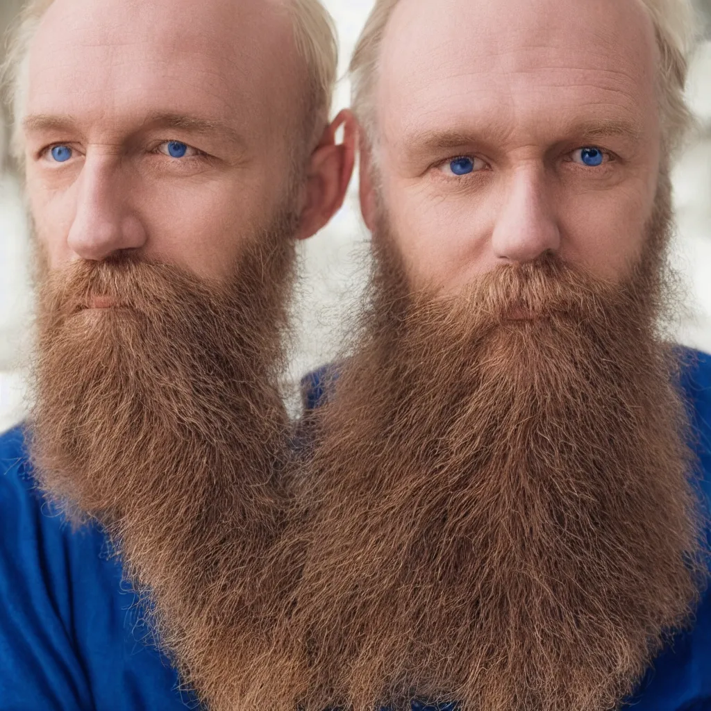 Image similar to color 35mm film still of a balding, middle aged blond man with a full blond beard and dark blue eyes, figure portrait