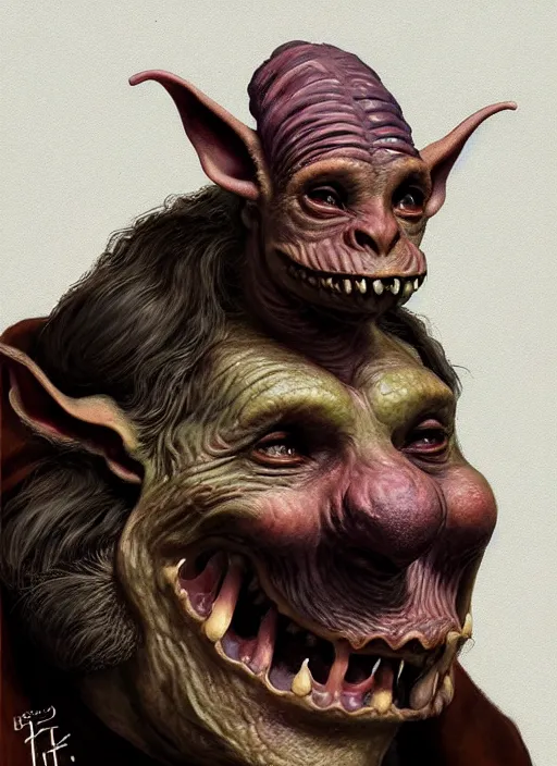 Image similar to profile face portrait of a medieval goblin eating cakes in the cloisters, beautiful face, hyper realistic, highly detailed, digital painting, artstation, illustration, concept art by hyung tae and frank frazetta, digital paint, matte paint, washed colors, dark, gloomy