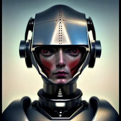 Image similar to Colour Brutal Caravaggio style Photography of Highly detailed humanoid robot with highly detailed face and wearing retrofuturistic-sci-fi In Greek folk military uniform designed by botticelli and wearing detailed retrofuturistic sci-fi Neural interface designed by Josan Gonzalez, Many details, volumetric dramatic natural light In style of Josan Gonzalez and Mike Winkelmann and andgreg rutkowski and alphonse muchaand and Caspar David Friedrich and Stephen Hickman and James Gurney and Hiromasa Ogura.