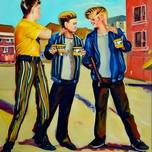 Image similar to a painting of three male teenagers with rockabilly haircuts holding yellow icw pops and looking at women in the streets high details