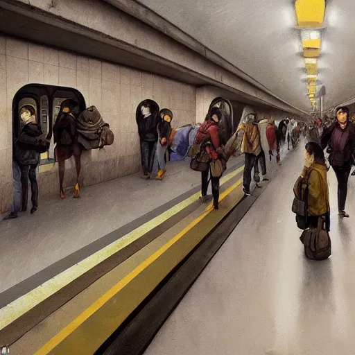 Prompt: commuters in the rush hour at the platform of an underground santiago metro station in direction to nowhere, by raoul ruiz, esao andrews and greg rutkowski