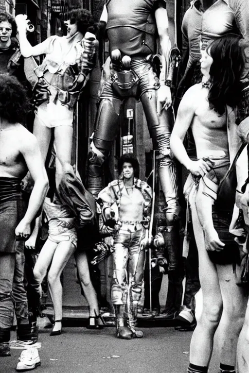 Prompt: a gang of giant, cyborg simon cowells prowling 1980s london, annie leibovitz photo hq