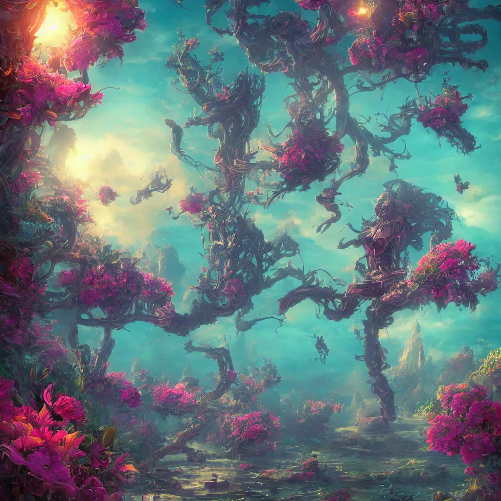 Image similar to digital illustration, a world full of life divine thrill of the biological tranquil sky, atoms floating gothic harts, flowers, in the style of greg rutkowski and lisa frank hr giger, bright color splashes, high detailed 8 k