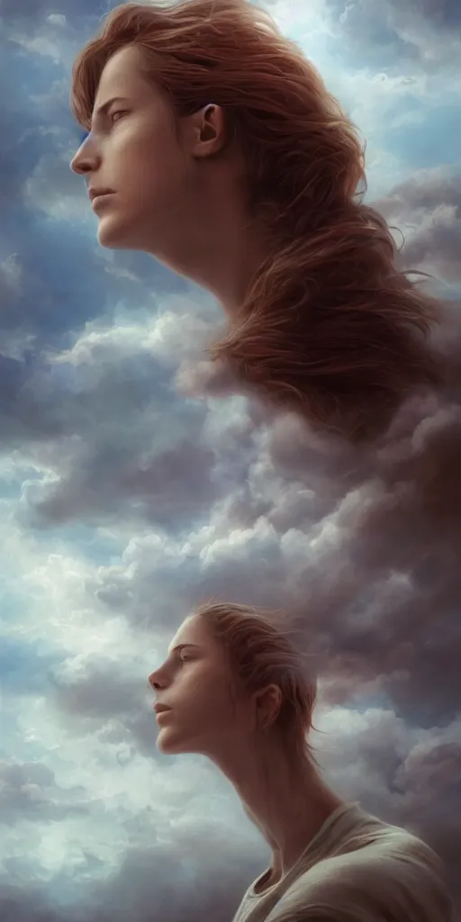 Image similar to a lost soul in the clouds, portrait, epic shot, very detailed, by artgerm, julie bell, beeple and Greg Rutkowski, airbrush, fantasy, 90s, Smooth gradients, octane render, 8k, High contrast, depth of field, very coherent symmetrical artwork