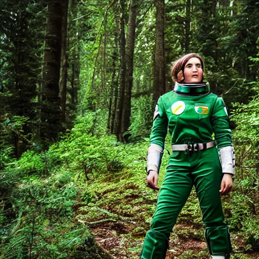 Image similar to a female space scout wearing a green uniform with white armor exploring a forest planet