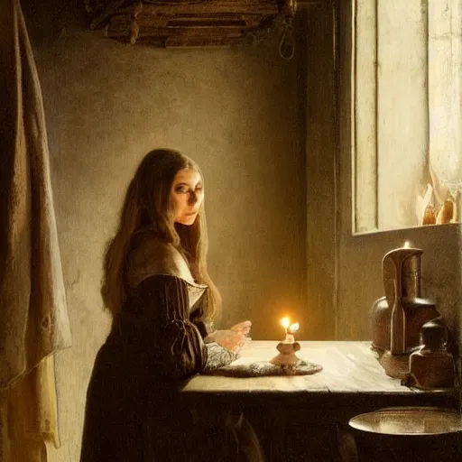 Image similar to elizabeth olsen, sitting in a dark kitchen in the medieval period, the only light illuminating is a candle on the desk, illustrated by gaston bussiere and johannes vermeer, artstation, cgsociety, artstation contest winner, artstation medieval, artstation fashion, 4 k, 8 k