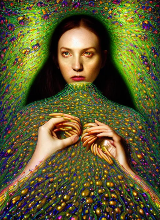 Image similar to hyper detailed 3d render like a Oil painting - Aurora (Singer) Eats of the Strangling network of transparent Fruit and Her delicate Hands hold of gossamer polyp blossoms bring iridescent fungal flowers whose spores black the foolish stars by Jacek Yerka, Mariusz Lewandowski, Houdini algorithmic generative render, Abstract brush strokes, Masterpiece, Edward Hopper and James Gilleard, Zdzislaw Beksinski, Mark Ryden, Wolfgang Lettl, hints of Yayoi Kasuma, octane render, 8k