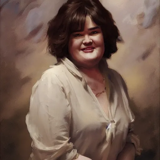 Image similar to portrait of susan boyle greg manchess painting by sargent and leyendecker, studio ghibli, fantasy, medium shot, asymmetrical, intricate, elegant, matte painting, illustration, hearthstone, by greg rutkowski, by greg tocchini, by james gilleard, by joe fenton