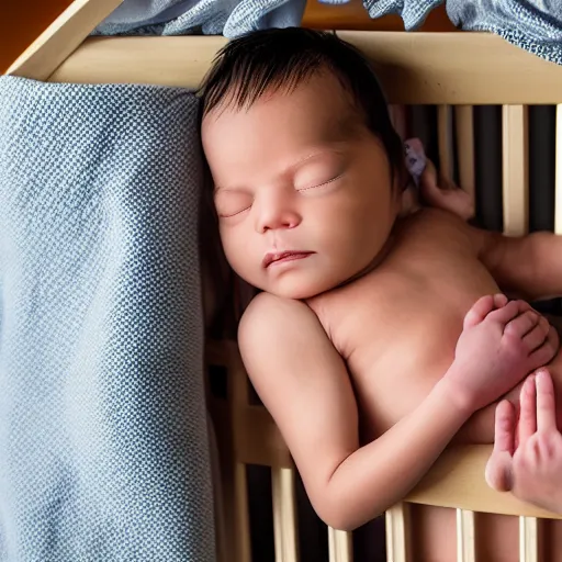 Image similar to huge muscles bodybuilder baby sleeping in a crib, newborn picture, barrel chested, rippling muscles, huge veins, bulging muscles, ripped, award winning photography, high detail