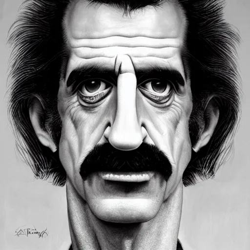 Image similar to Caricature portraits done of Frank Zappa, realistic, hyperrealistic, very realistic, highly detailed, very detailed, extremely detailed, detailed, oil painting, digital art, trending on artstation