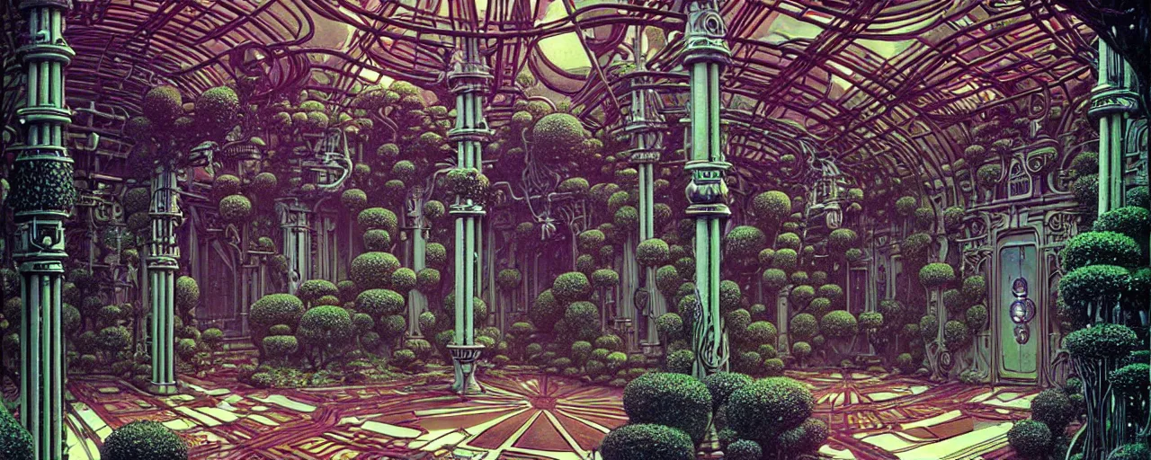 Image similar to a luxurious scifi futuristic victorian garden courtyard by killian eng, moebius, philippe druillet