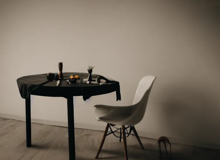 Image similar to dark macabre liminal room, lemon sits idly on a centered table, eerie atmosphere, dark dramatic lighting, trending on unsplash, 4 k photorealism