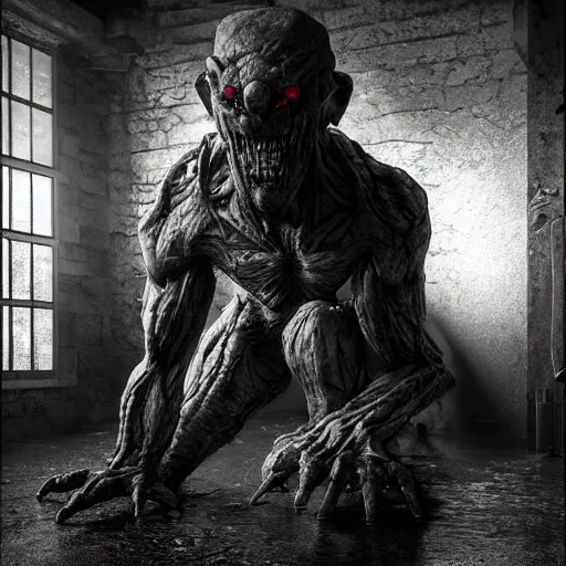 Image similar to creepy monster lurking in a dingy basement, highly detailed, epic lighting, hyper photorealism, low angle, trending on artstation 8 k