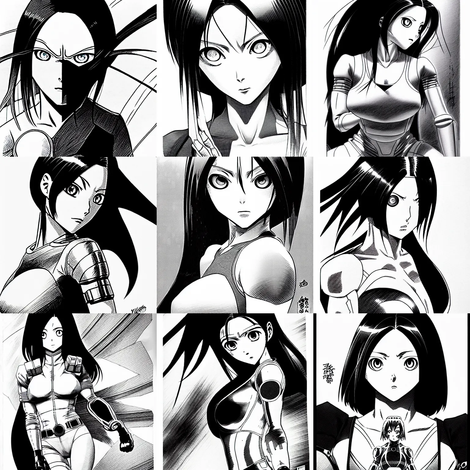 Image similar to alita by yukito kishiro. medium shot. black and white manga. pencil drawing.