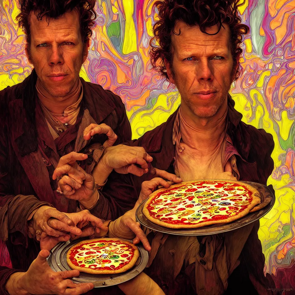 Image similar to bright psychedelic portrait of tom waits baking pizza, diffuse lighting, fantasy, intricate, elegant, highly detailed, lifelike, photorealistic, digital painting, artstation, illustration, concept art, smooth, sharp focus, art by John Collier and Albert Aublet and Krenz Cushart and Artem Demura and Alphonse Mucha