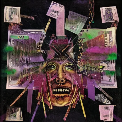 Image similar to post - punk new age album cover, asymmetrical design, dollar bank notes, capitalism, magic, apocalypse, psychedelic, black white pink, magic, giger h. r., giuseppe arcimboldo