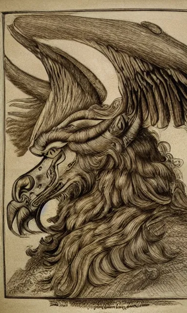 Image similar to human / eagle / lion / ox hybrid with two horns, one beak, mane and human body. drawn by da vinci