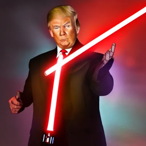 Image similar to donald trump wielding a lightsaber, dynamic lighting, highly detailed