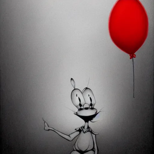 Image similar to scribble of bugs bunny with a wide smile and a red balloon by Zdzisław Beksiński, loony toons style, pennywise style, corpse bride style, creepy lighting, horror theme, detailed, elegant, intricate, conceptual, volumetric light