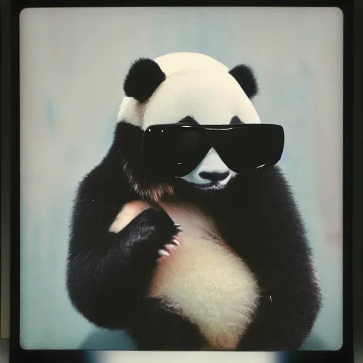 Image similar to grainy head to shoulder portrait polaroid film photograph of a panda in a mall wearing aviator shades. super resolution. surreal. extremely detailed. polaroid 6 0 0 film. by annie leibovitz and richard avedon