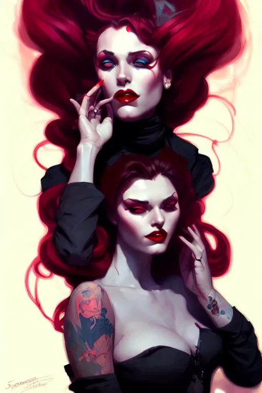 Image similar to portrait noir femme fatale by sabbas apterus and james jean, saturated colors, blold hair, concept art, beautiful composition, digital painting, trending on artstation, mucha