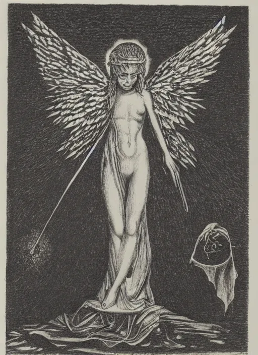 Prompt: occult art etching, very detailed, of the angel of mercury. alchemical art, esoteric art