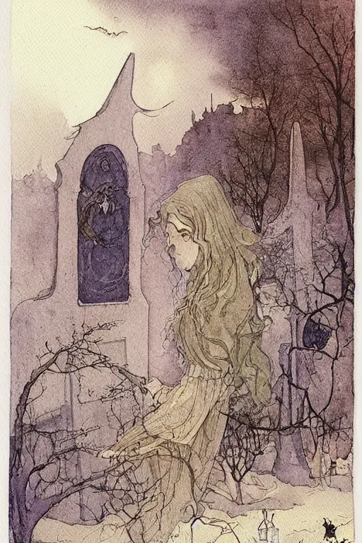 Image similar to a simple and atmospheric watercolour portrait of a ghost in a graveyard on halloween night, very muted colors, by rebecca guay, michael kaluta, charles vess and jean moebius giraud