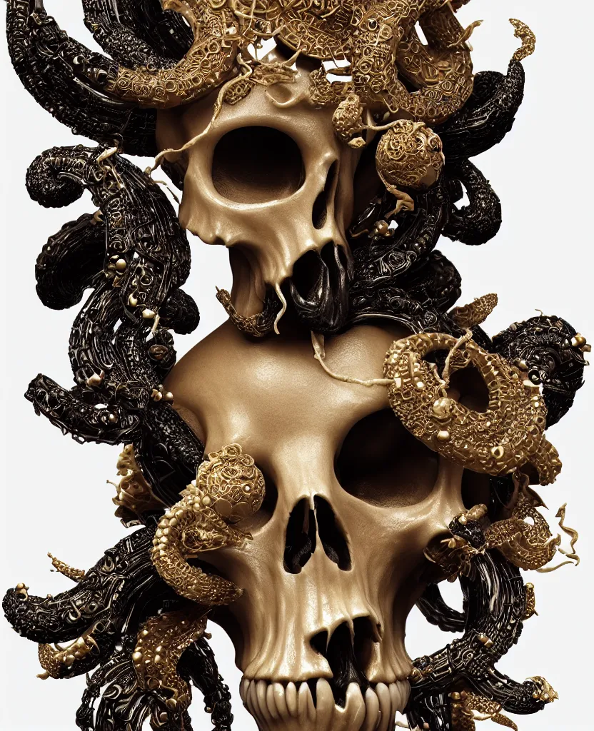 Image similar to goddess princess face close-up portrait ram skull. sculpture made of black clay and gold. jellyfish phoenix head, nautilus, orchid, skull, betta fish, bioluminiscent creatures, intricate artwork by Tooth Wu and wlop and beeple. octane render, trending on artstation, greg rutkowski very coherent symmetrical artwork. cinematic, hyper realism, high detail, octane render, 8k