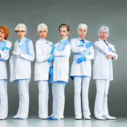 Image similar to line of six tall short fat scrawny women, white hair, tight light blue neopren space uniforms, futuristic chemistry lab, sci - fi, highly detailed, cinematic